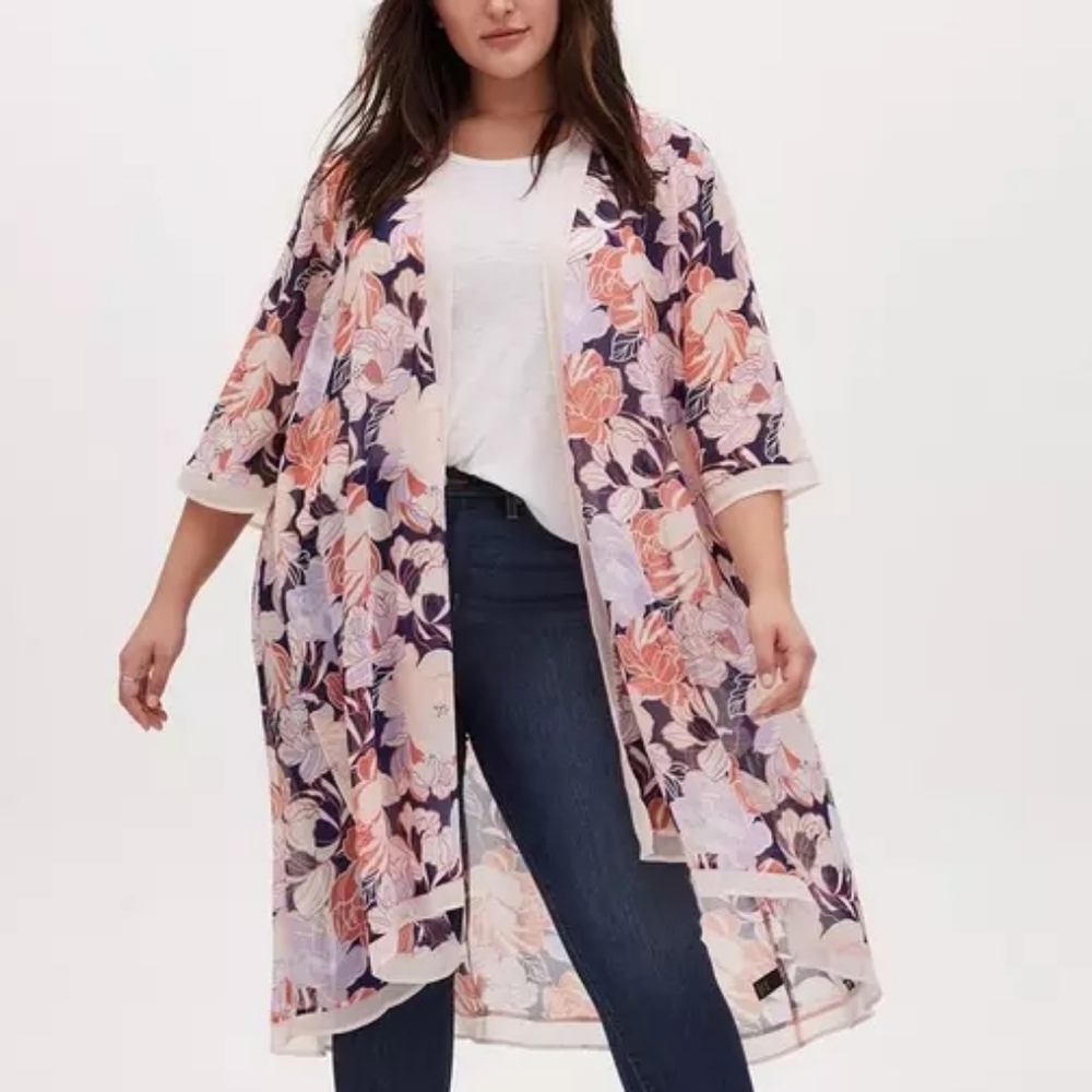 Torrid Floral Print Chiffon Kimono Open Front Longline Sheer Orange Purple 2